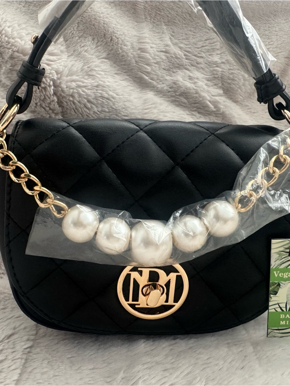 Jewel Badgley Mischka Black Quilted Mini Bag with Gold Chain & Pearl Accents